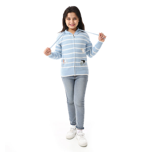 Girls Hooded Neck Striped Sweatshirt Light Blue