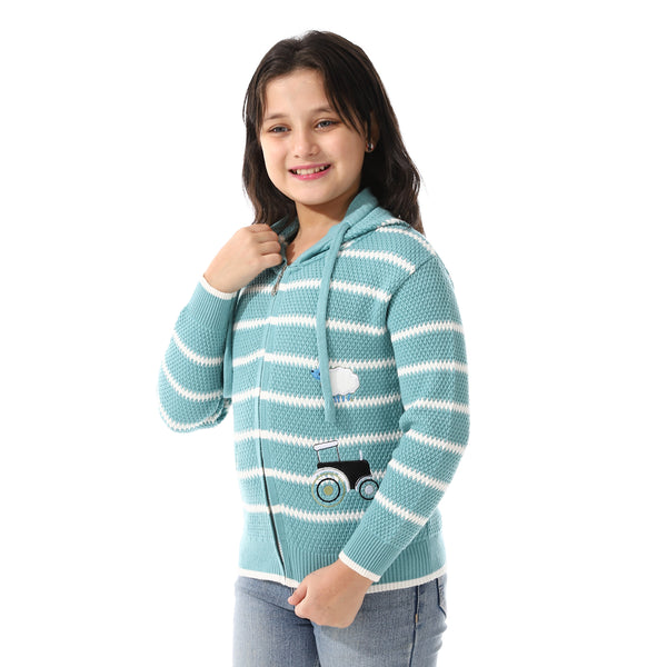 Girls Hooded Neck Striped Sweatshirt Mint