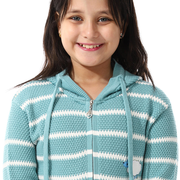 Girls Hooded Neck Striped Sweatshirt Mint