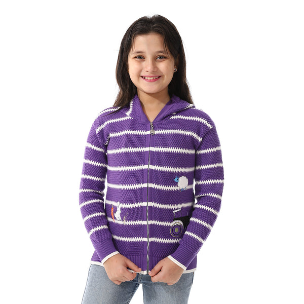 Girls Hooded Neck Striped Sweatshirt Purple