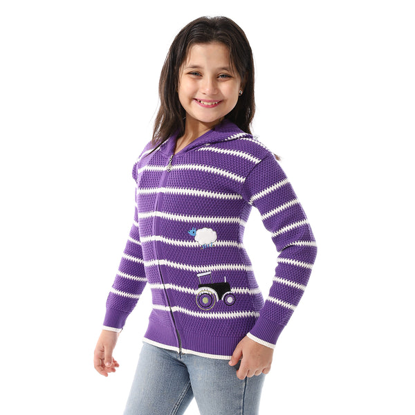 Girls Hooded Neck Striped Sweatshirt Purple