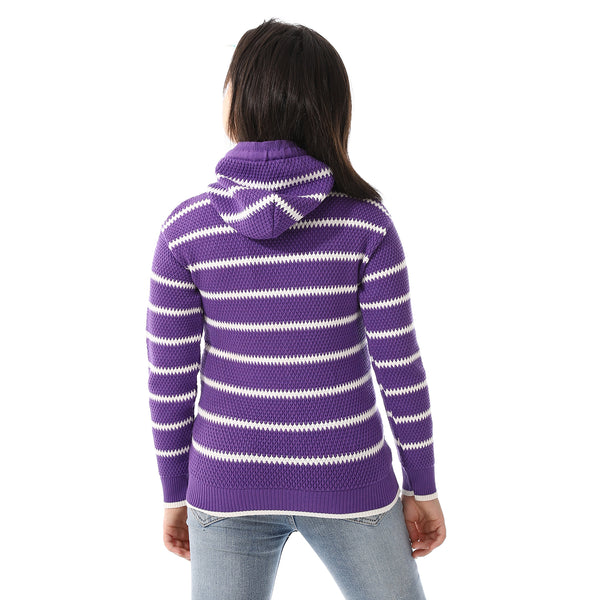 Girls Hooded Neck Striped Sweatshirt Purple