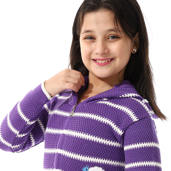 Girls Hooded Neck Striped Sweatshirt Purple