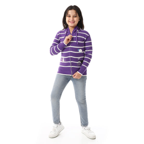 Girls Hooded Neck Striped Sweatshirt Purple
