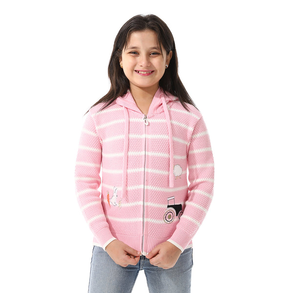 Girls Hooded Neck Striped Sweatshirt Rose