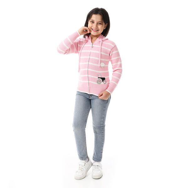 Girls Hooded Neck Striped Sweatshirt Rose
