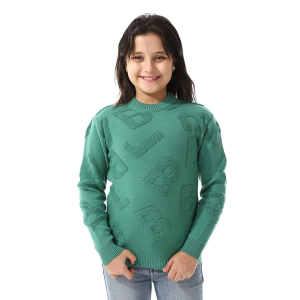 Alphabet_Ribbed_Trims_Round-Neck_Pullover Green