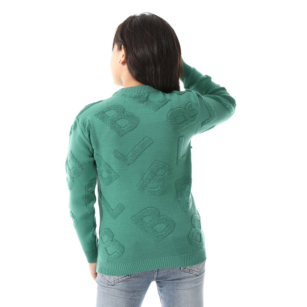 Alphabet_Ribbed_Trims_Round-Neck_Pullover Green