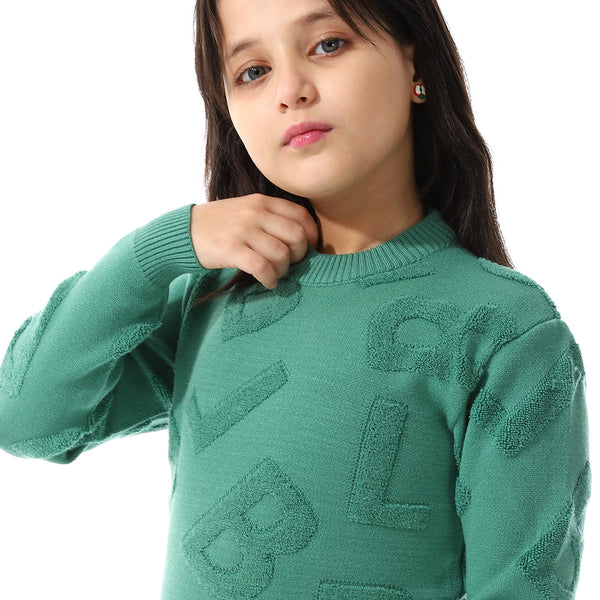 Alphabet_Ribbed_Trims_Round-Neck_Pullover Green