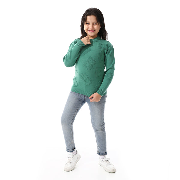 Alphabet_Ribbed_Trims_Round-Neck_Pullover Green