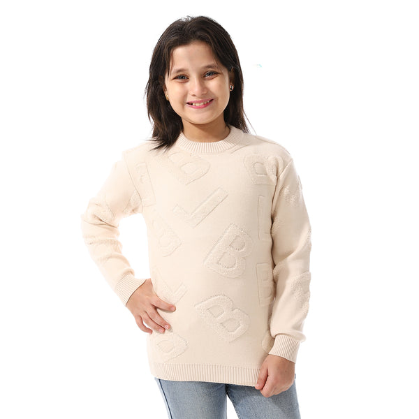 Alphabet_Ribbed_Trims_Round-Neck_Pullover Beige