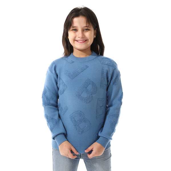 Alphabet_Ribbed_Trims_Round-Neck_Pullover Blue