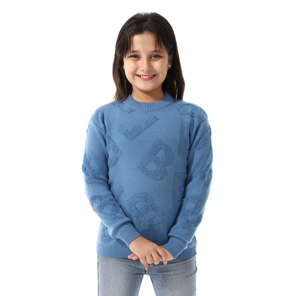 Alphabet_Ribbed_Trims_Round-Neck_Pullover Blue