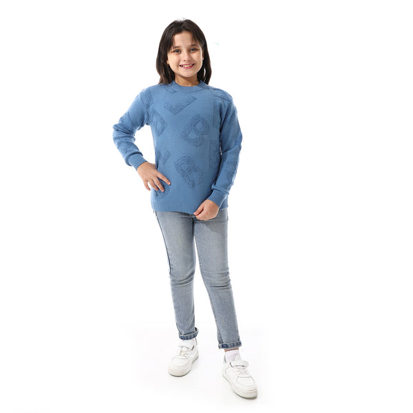 Alphabet_Ribbed_Trims_Round-Neck_Pullover Blue