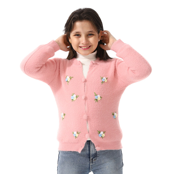 Girls Embroidered Flower Jacket With Off- White