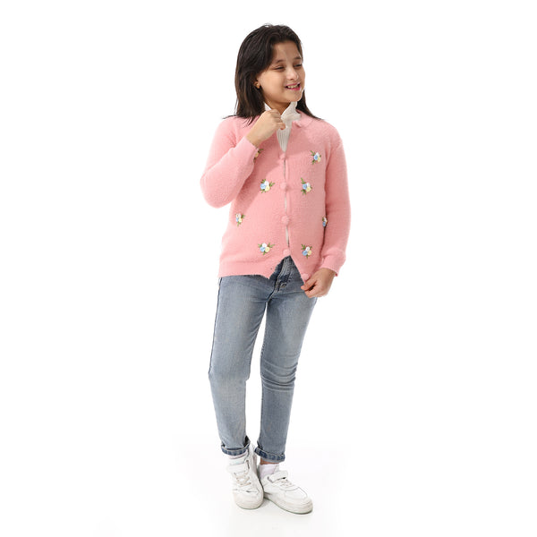 Girls Embroidered Flower Jacket With Off- White