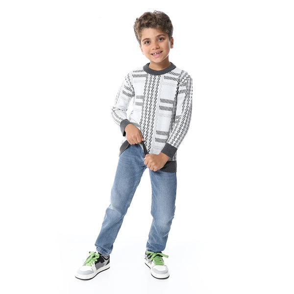 Regular Fit Slip On Boys Pullover - White & Grey