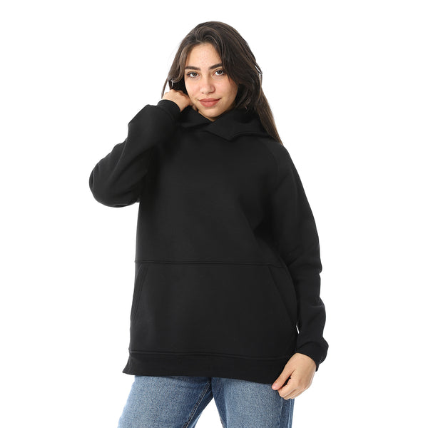 Long Sleeves Slip On Fleeced Plain Hoodie - Black