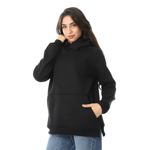 Long Sleeves Slip On Fleeced Plain Hoodie - Black