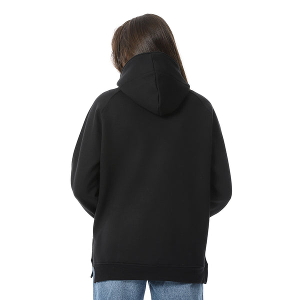 Long Sleeves Slip On Fleeced Plain Hoodie - Black