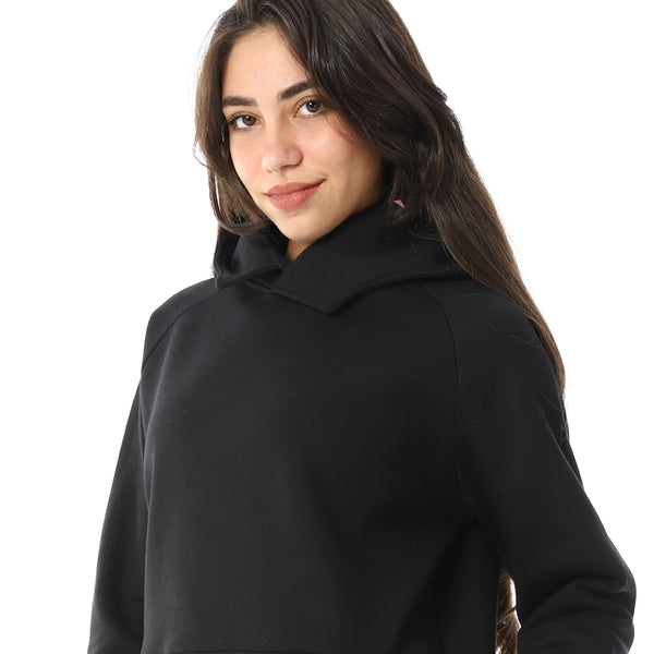 Long Sleeves Slip On Fleeced Plain Hoodie - Black