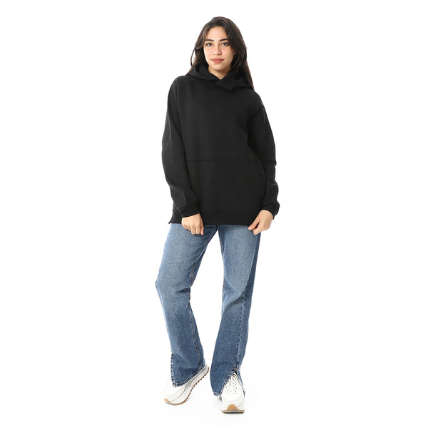 Long Sleeves Slip On Fleeced Plain Hoodie - Black