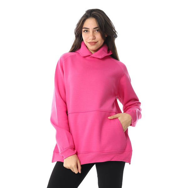 Long Sleeves Slip On Fleeced Plain Hoodie - Fuchsia