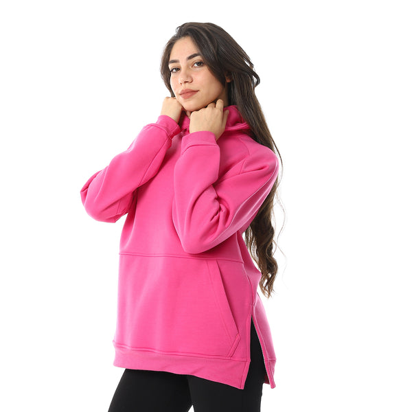 Long Sleeves Slip On Fleeced Plain Hoodie - Fuchsia