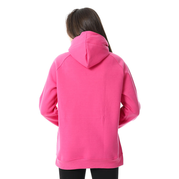 Long Sleeves Slip On Fleeced Plain Hoodie - Fuchsia
