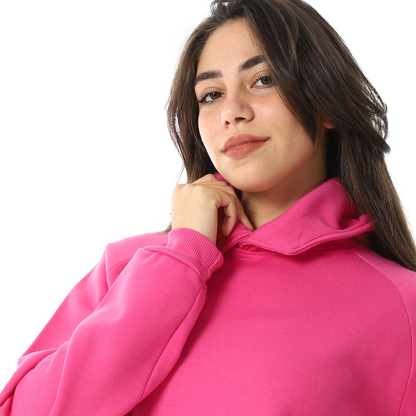 Long Sleeves Slip On Fleeced Plain Hoodie - Fuchsia