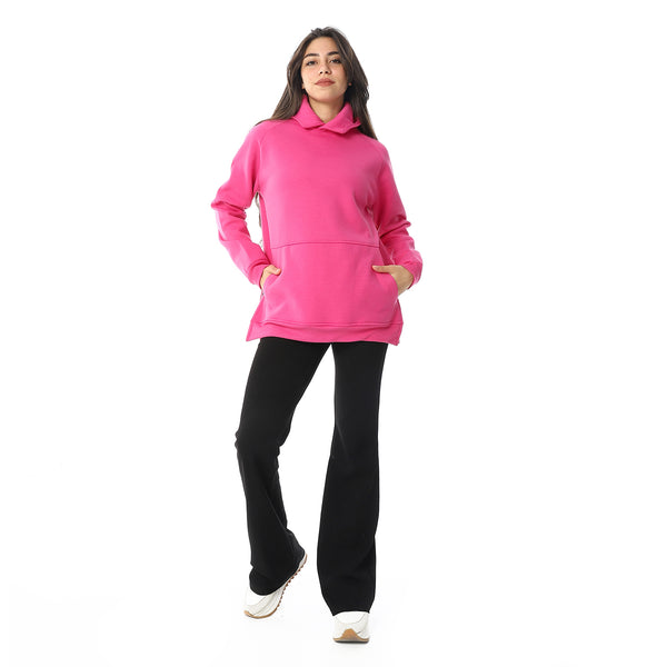 Long Sleeves Slip On Fleeced Plain Hoodie - Fuchsia