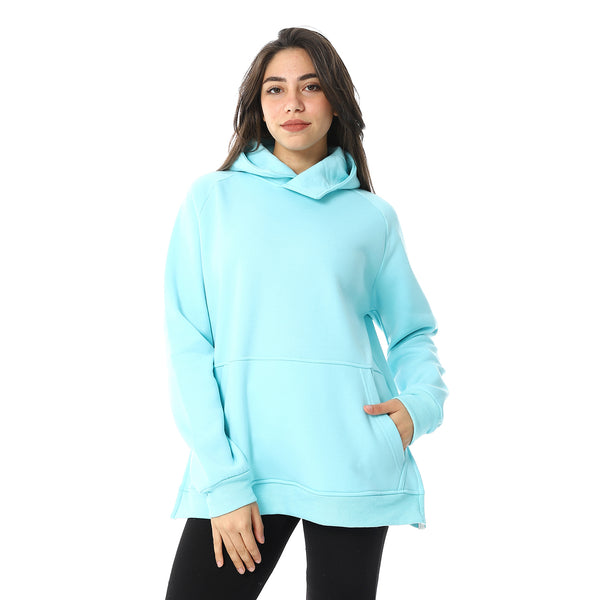 Long Sleeves Slip On Fleeced Plain Hoodie - Aqua