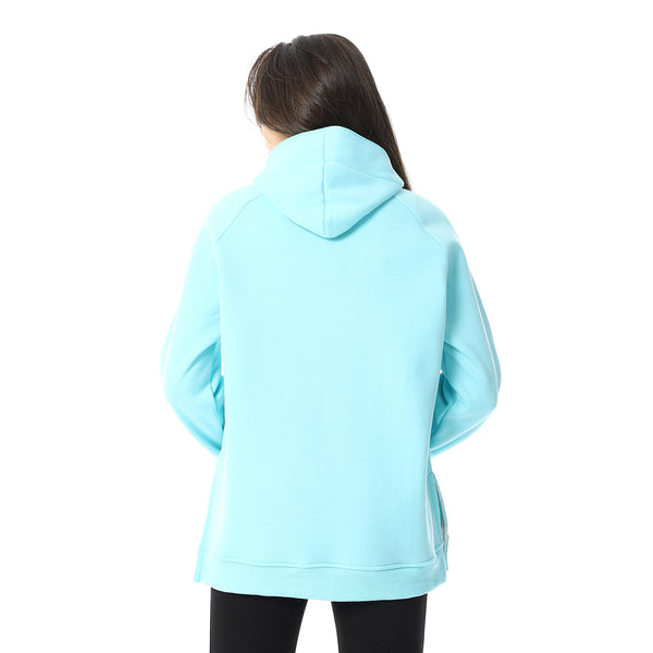 Long Sleeves Slip On Fleeced Plain Hoodie - Aqua
