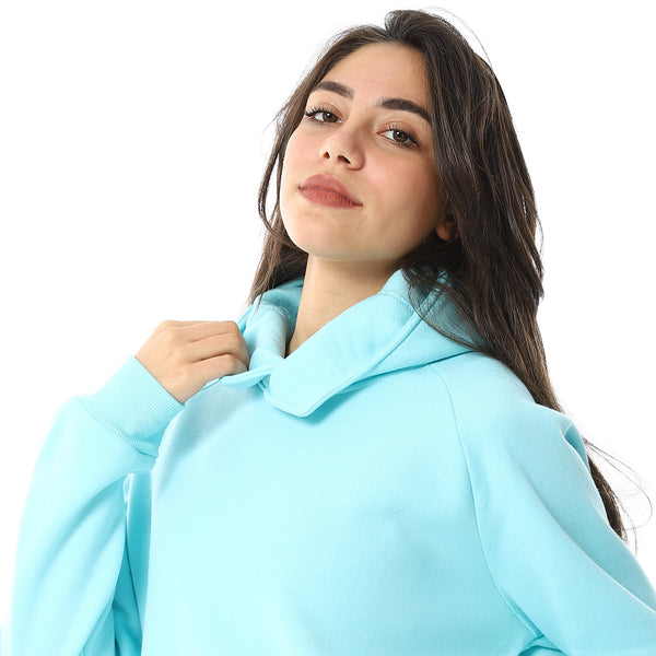 Long Sleeves Slip On Fleeced Plain Hoodie - Aqua
