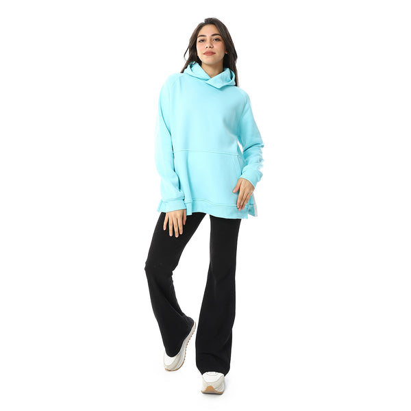 Long Sleeves Slip On Fleeced Plain Hoodie - Aqua