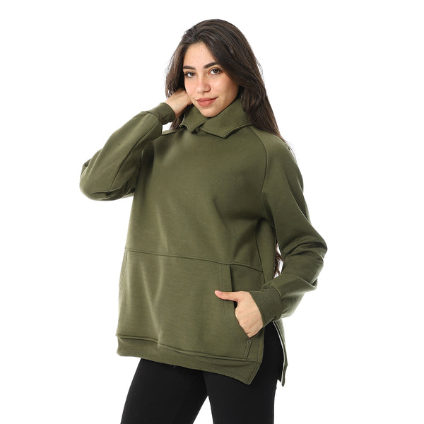 Long Sleeves Slip On Fleeced Plain Hoodie - Army Green
