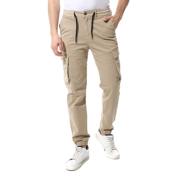 Beige Fly Zipper Button Cargo Pants