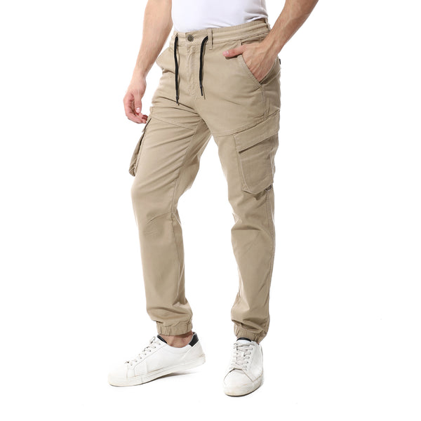 Beige Fly Zipper Button Cargo Pants