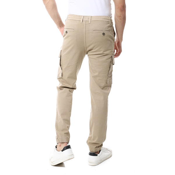 Beige Fly Zipper Button Cargo Pants