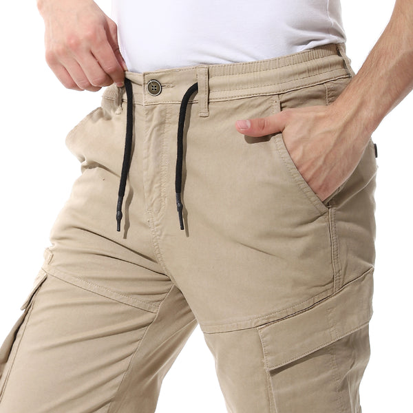 Beige Fly Zipper Button Cargo Pants