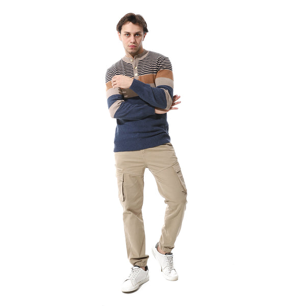 Beige Fly Zipper Button Cargo Pants