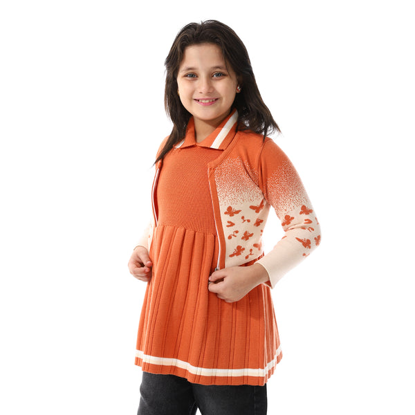 Acrylic Girls Dress With Self Pattern Jacket Orange