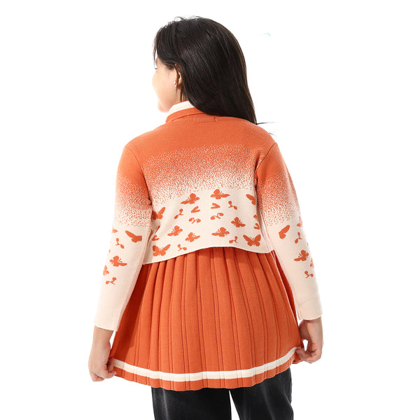 Acrylic Girls Dress With Self Pattern Jacket Orange