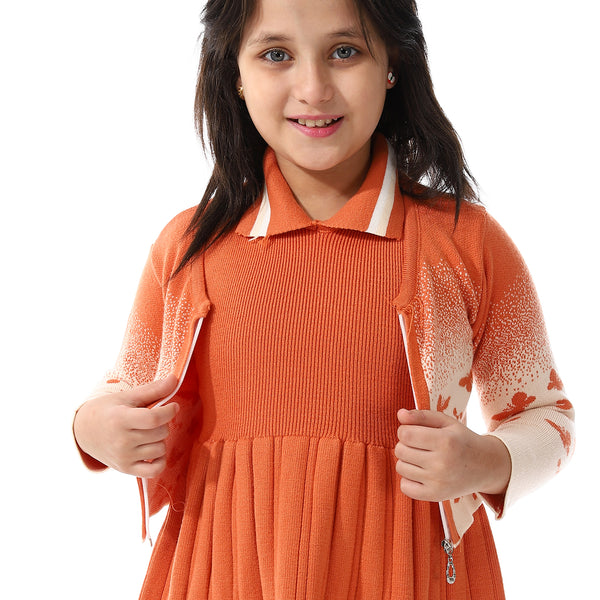 Acrylic Girls Dress With Self Pattern Jacket Orange