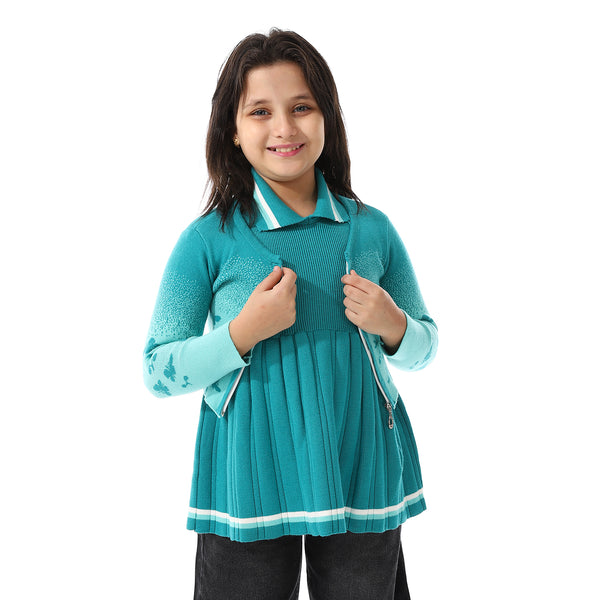Acrylic Girls Dress With Self Pattern Jacket Turquoise