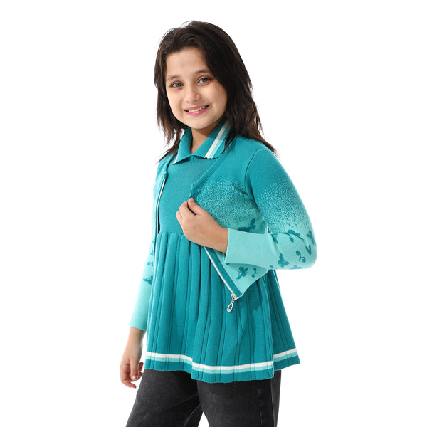 Acrylic Girls Dress With Self Pattern Jacket Turquoise