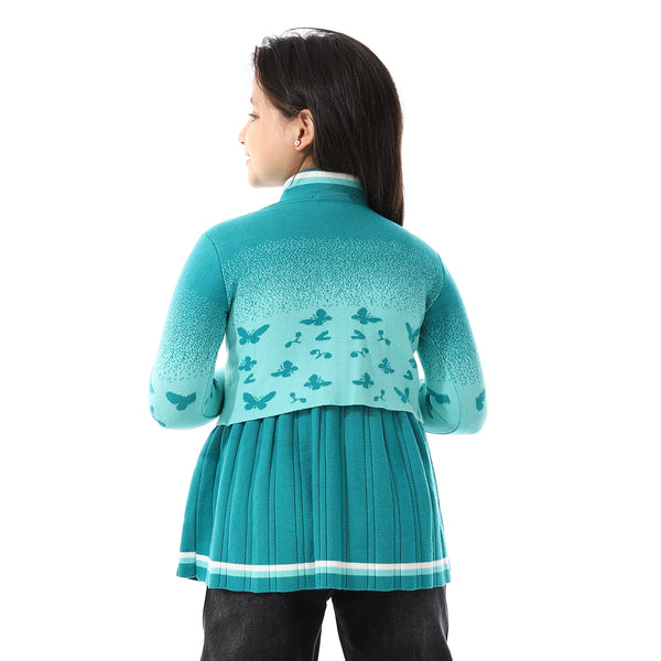Acrylic Girls Dress With Self Pattern Jacket Turquoise