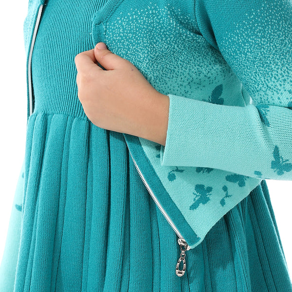 Acrylic Girls Dress With Self Pattern Jacket Turquoise
