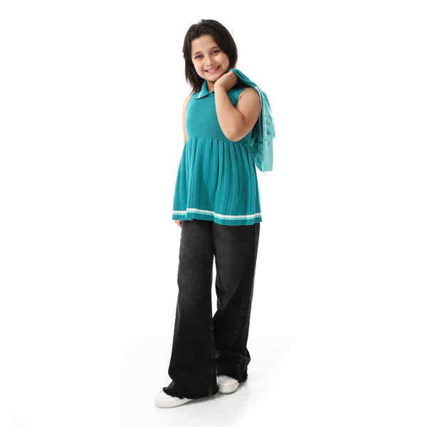 Acrylic Girls Dress With Self Pattern Jacket Turquoise