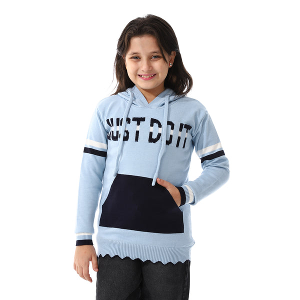 Acrylic Girls Dress With Self Pattern Jacket Light Blue